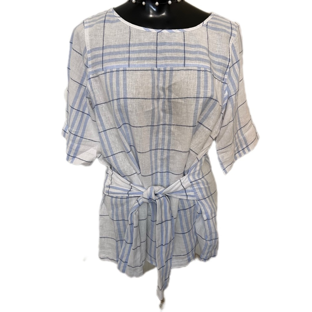 Linen and cotton blend blue plaid tie waist top